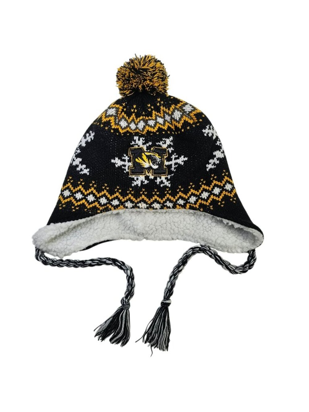 Missouri Tigers Mizzou Sherpa-Lined Pom Beanie Winter Hat w/ Ear Flaps & Tassels